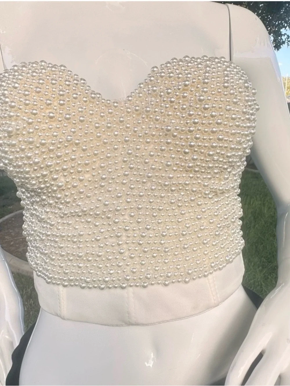 Strapless Pearl-Embellished Bustier Corset Top in Cream Size Large (fits M-L)